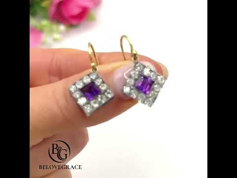 Vintage Halo Two Tone Bezel Asscher Cut Amethyst Sapphire Drop Earrings For Women
