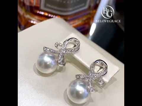 Bow Knot Design 12mm Pearl Moissanite Dangle Earrings For Women