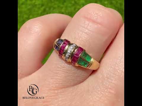 Vintage Yellow Gold Asscher Cut Ruby & Blue & Emerald Sapphire Half Eternity Wedding Band For Women