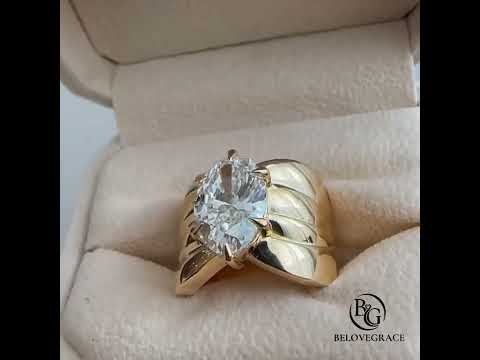 Wide Yellow Gold Oval Cut Solitaire Moissanite Engagement Ring