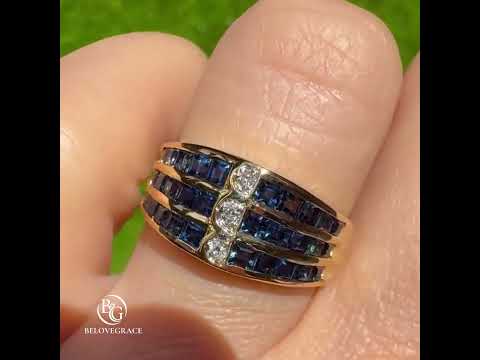 Vintage Yellow Gold Channel Setting Triple Row Round & Asscher Cut White & Blue Sapphire Half Eternity Wedding Band For Women