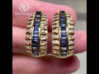 Vintage Art Deco Yellow Gold Baguette Cut Blue Sapphire Hoop Earrings For Women
