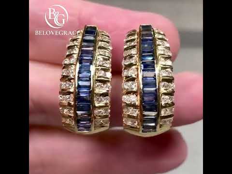 Vintage Art Deco Yellow Gold Baguette Cut Blue Sapphire Hoop Earrings For Women