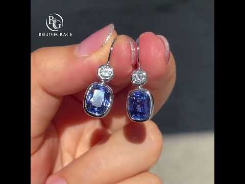Elegant Bezel Set Cushion Cut Blue Sapphire Drop Earrings For Women