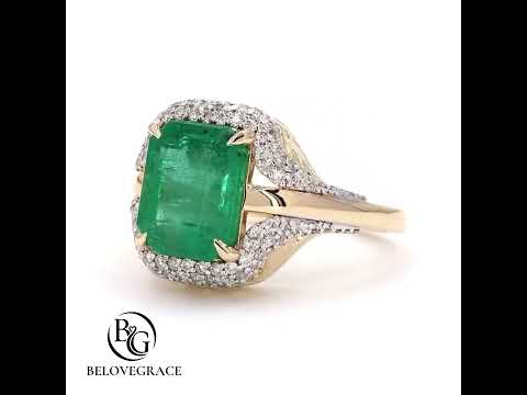 Unique Design Two Tone Halo Emerald Cut Emerald Sapphire Engagement Ring